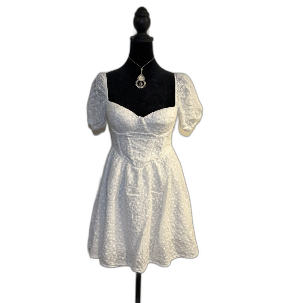 Princess Polly Darso White Eyelet Mini Dress — Puff Sleeves, Broderie Anglaise